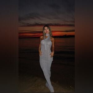 Aya Muse Caspi Sheer Metallic Halter Bodycon Maxi Dress Fog Grey NWT M‎